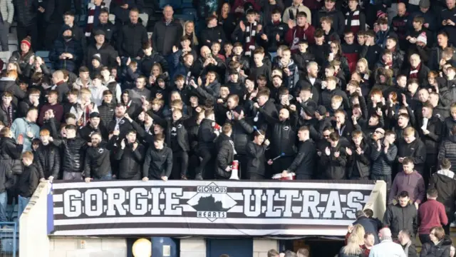 Hearts' supporters during a William Hill Premiership match between Dundee and Heart of Midlothian at the Scot Foam Stadium at Dens Park, on February 01, 2025, in Dundee, Scotland. (Photo by Mark Scates / SNS Group)