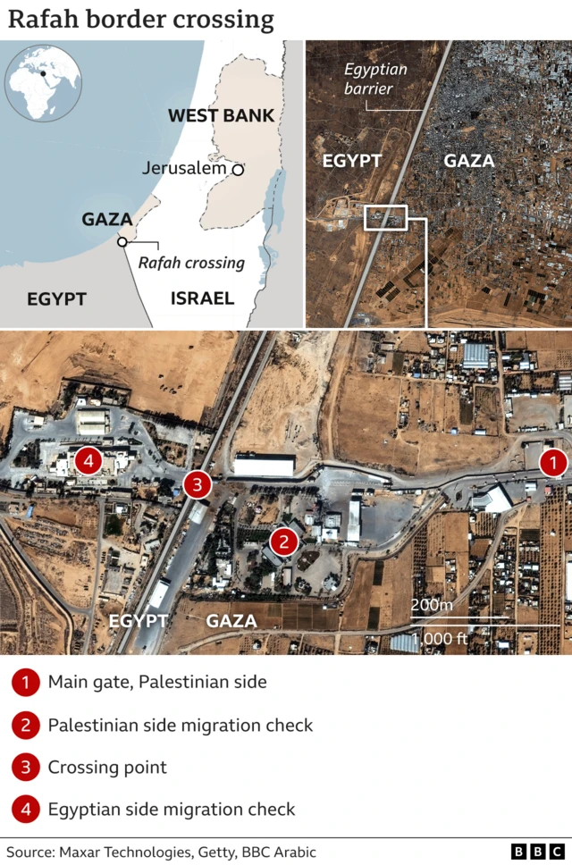 A map showing three versions of the Rafah crossing. One is a graphic that is zoomed out, the other a satellite image zoomed out and the third a zoomed in look at the crossing. This one has numbers, showing different parts of the crossing