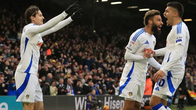 Brenden Aaronson celebrates with his Leeds team-mates