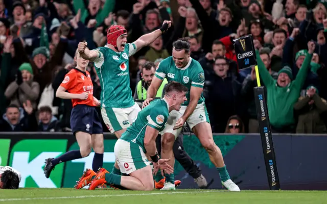 Dan Sheehan celebrates his try