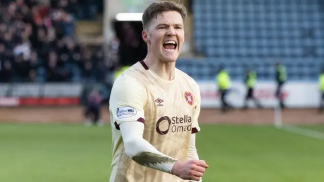 Hearts' Blair Spittal celebrates after scoring to make it 2-0 during a William Hill Premiership match between Dundee and Heart of Midlothian at the Scot Foam Stadium at Dens Park, on February 01, 2025, in Dundee, Scotland. (Photo by Mark Scates / SNS Group)