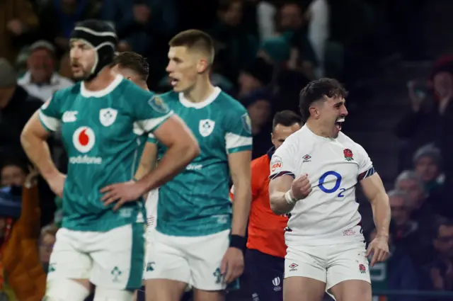 England's Cadan Murley celebrates scoring their first try