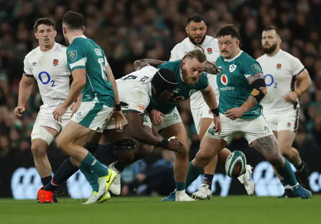 Ireland's Finlay Bealham in action with England's Maro Itoje