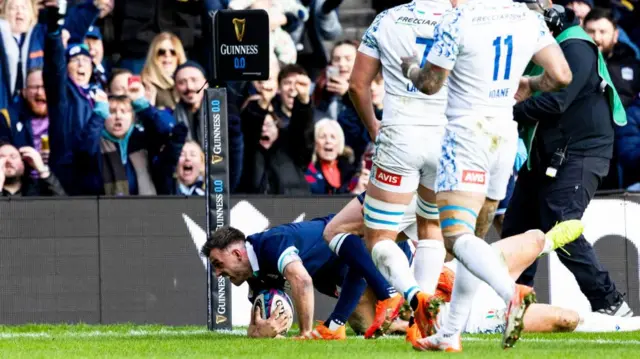 Ben White scores a try for Scotland