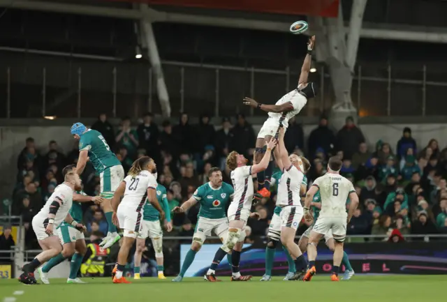 Maro Itoji reaching to get the ball in a line-out but missed