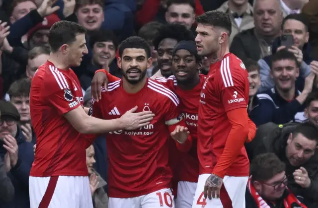 Forest celebrate their opening goal v Brighton