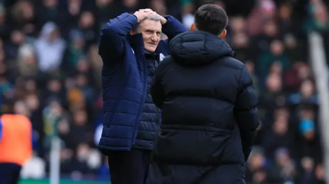 West Brom manager Tony Mowbray places his hands on his head