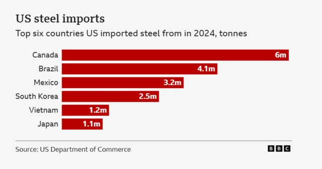 A chart showing the top six countries the US imported steel from in 2024. They are Canada, Brazil, Mexico, South Korea, Vietnam and Japan.