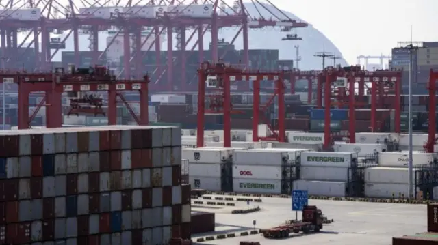 Gantry cranes and shipping containers at the Yangshan Deepwater Port in Shanghai, China