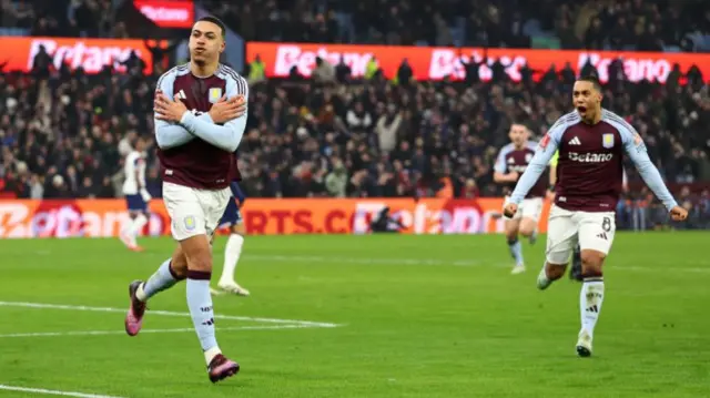 Aston Villa midfielder Morgan Rogers celebrates after scoring