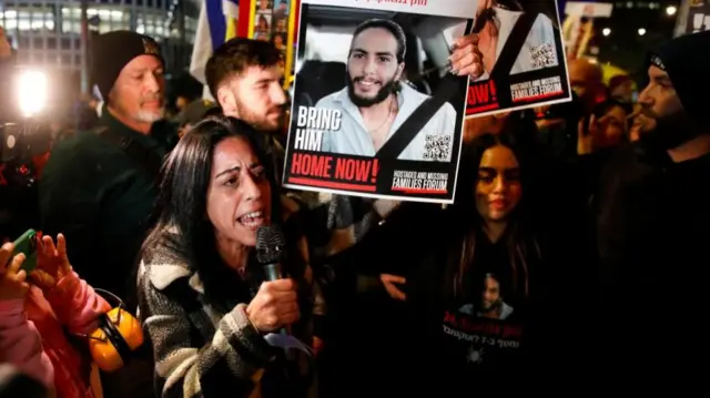 Einav Zangauker, mother of hostage Matan Zangauker, speaks during a protest in support of the hostages kidnapped during the deadly October 7 2023 attack by Hamas, in Tel Aviv, Israel, February 10, 2025