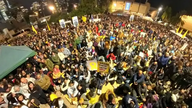 Hostages Square in Tel Aviv is filled by protestors marking the 24th birthday of hostage Alon Ohel