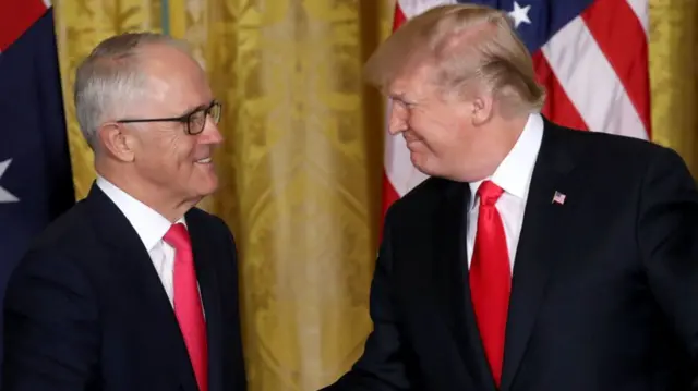 FEBRUARY 23: U.S. President Donald Trump (R) shakes hands with Australian Prime Minister Malcolm Turnbull (L) during a joint press conference at the White House February 23, 2018 in Washington, DC.