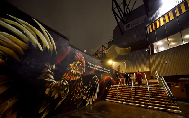 A general view of a painted Bantam on a wall outside Valley Parade