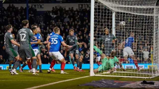 Conor Shaughnessy heads Portsmouth into a 2-0 lead over Cardiff