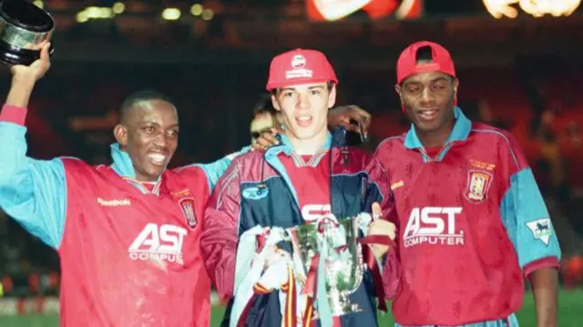 Aston Villa players celebrate after the 1996 EFL Cup final