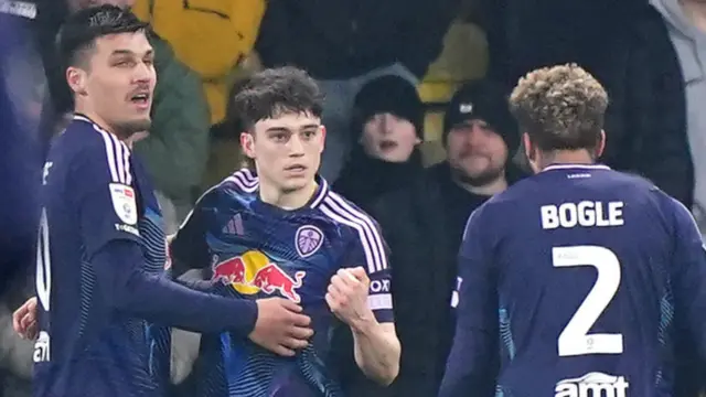 Leeds goalscorer Dan James celebrates with Joel Piroe and Jayden Bogle