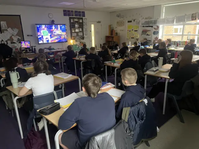 A photograph of pupils from St Bernadette’s Primary School in Wallsend watching the Live Lesson for Safer Internet Day