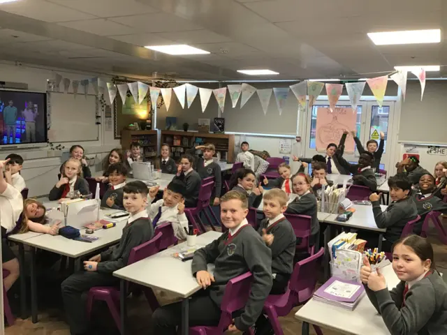 A picture of pupils from St John Fisher RC Primary School all in class watching the Live Lesson for Safer Internet Day