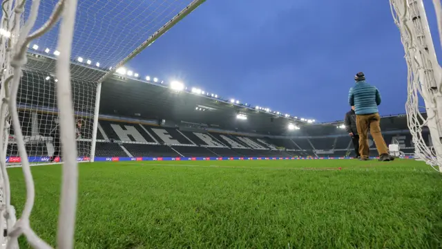 A view inside Pride Park taken from within one of the goalnets