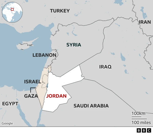 Map showing Jordan in relation to Lebanon, Gaza, Israel, Egypt, Saudi Arabia, Iraq, Syria and Turkey