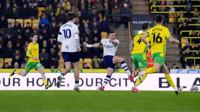 Milutin Osmajic scores the opening goal for Preston at Norwich