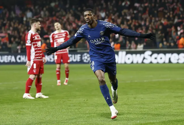 Ousmane Dembele celebrates his goal v Brest