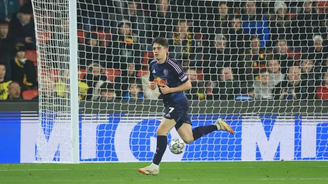 Dan James runs off to celebrate after scoring at Watford