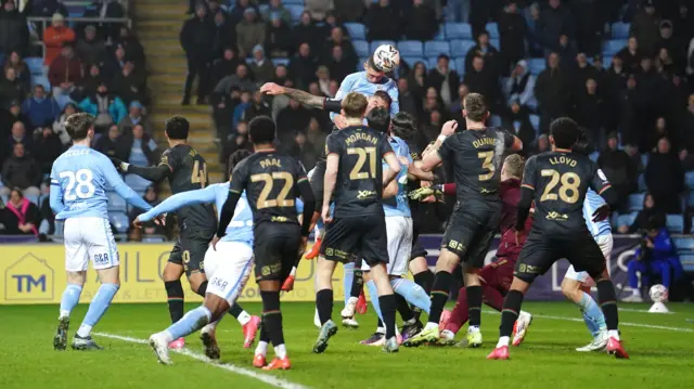 Bobby Thomas heads in the match-winning goal for Coventry City against QPR