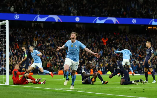 Kevin de Bruyne runs off to celebrate his goal v Real Madrid in 2023