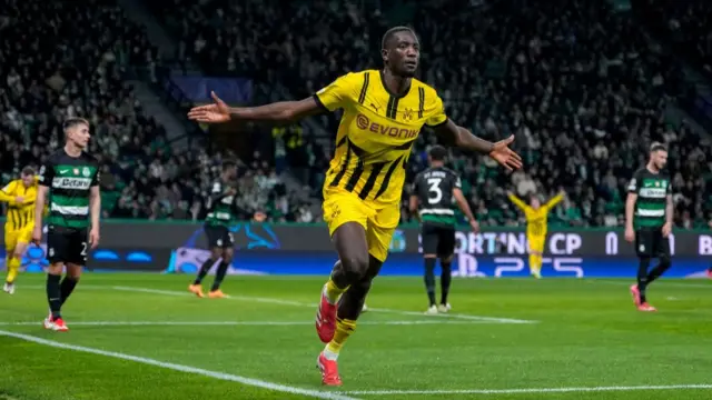 Serhou Guirassy celebrates scoring for Borussia Dortmund