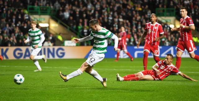 Callum McGregor scores against Bayern Munich in October 2017