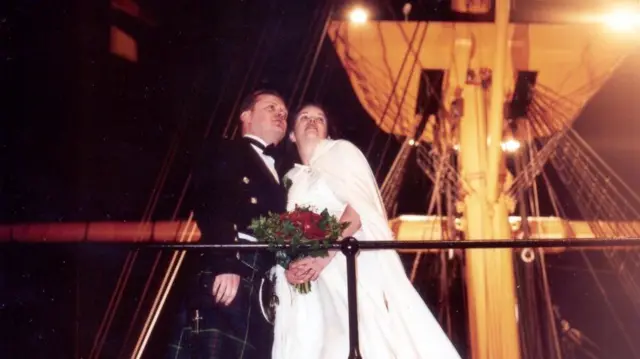 Angela and Chris Egan at their wedding on HMS Warrior in December 2001