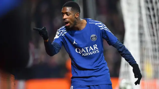 Ousmane Dembele celebrates after scoring against Brest