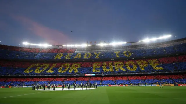 Tifo reading 'Ready to color Europe', Champions League 2019 semi-final first leg, Barcelona v Liverpool