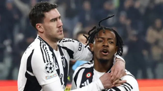 Samuel Mbangula of Juventus, celebrates with his teammate Dusan Vlahovic.