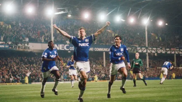 Duncan Ferguson celebrates after he scored his first goal for Everton in the Merseyside derby, 1994.