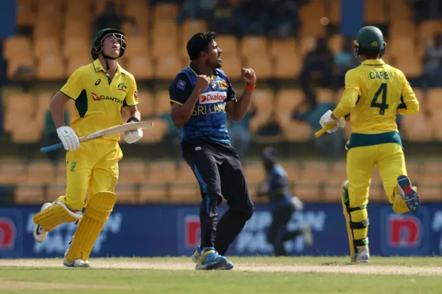 Sri Lanka's Maheesh Theekshana celebrates a wicket