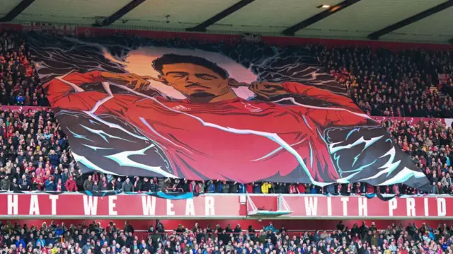 A detailed view of the tifo of Morgan Gibbs-White, Nottingham Forest v Fulham  2024