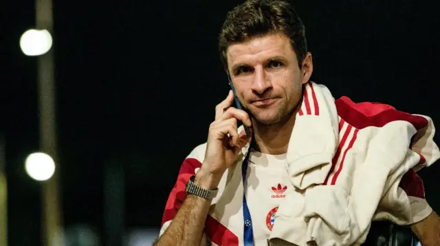 Bayern's Thomas Muller arrives ahead of the UEFA Champions League 2