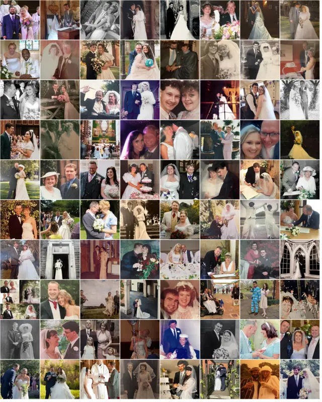 A grid of wedding photos showing all the couples on their wedding days with plenty of white dresses, churches and cake in sight