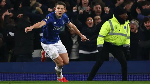 Everton's James Tarkowski celebrates scoring