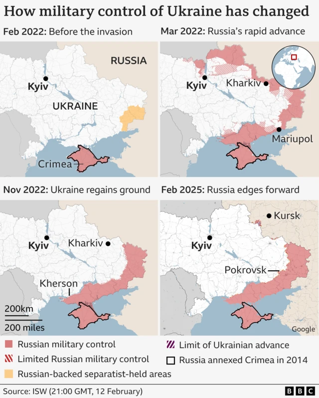 Four maps showing how the military control of Ukraine has changed since February 2022. The first map shows February 2022, before Russia invaded Ukraine. It shows Russia had military control of Crimea and that there was an area in south-east Ukraine that was a Russian-backed separatist-held area. The second map shows March 2022, Russia’s rapid advance into the country. It shows the Russian military control in the north, east, and south-east of Ukraine. The third map shows November 2022, Ukraine gains ground. The only Russian military controlled areas are Crimea and areas in east and south-eastern Ukraine. The fourth map shows February 2025, Russia edges forward, with some expansion of Russian military control in the east and south-eastern Ukraine.