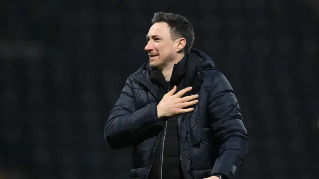 Notts County boss Stuart Maynard celebrating their win over Morecambe