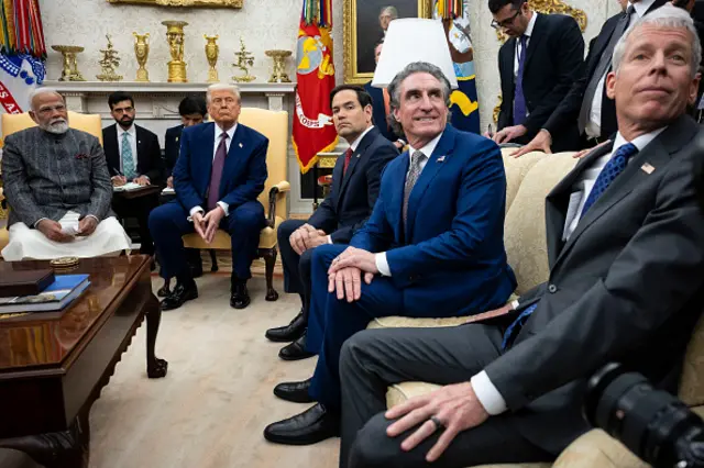 Secretary of State Marco Rubio sits next to Trump during meeting with Modi