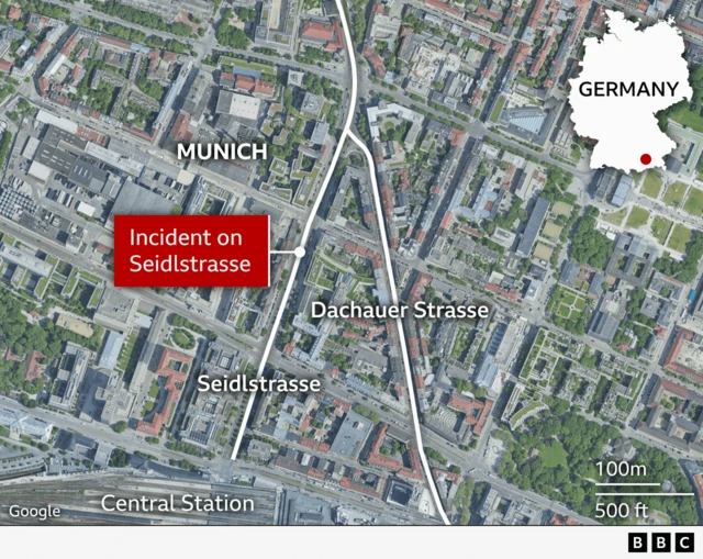 Map of central Munich showing location of incident