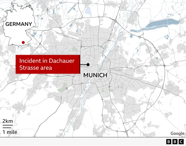 Map of Munich showing where incident took place in city centre