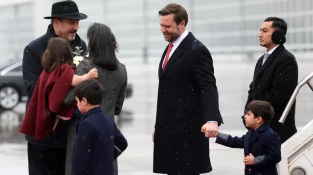 U.S. Vice President JD Vance, second lady Usha Vance and their children Mirabel, Ewan and Vivek are welcomed by Bavarian Premier Markus Soeder as JD Vance arrives to attend the international Munich Security Conference