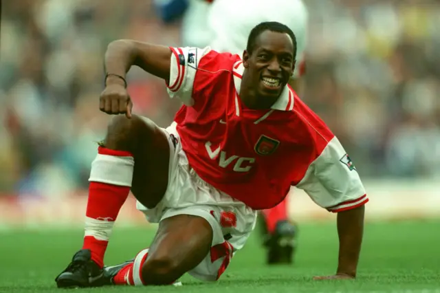 Ian Wright of Arsenal celebrates during the Premier League match between Blackburn Rovers and Arsenal at Ewood Park on October 12, 1996