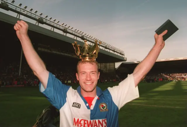 Alan Shearer celebrates winning the Premier League title with Blackburn